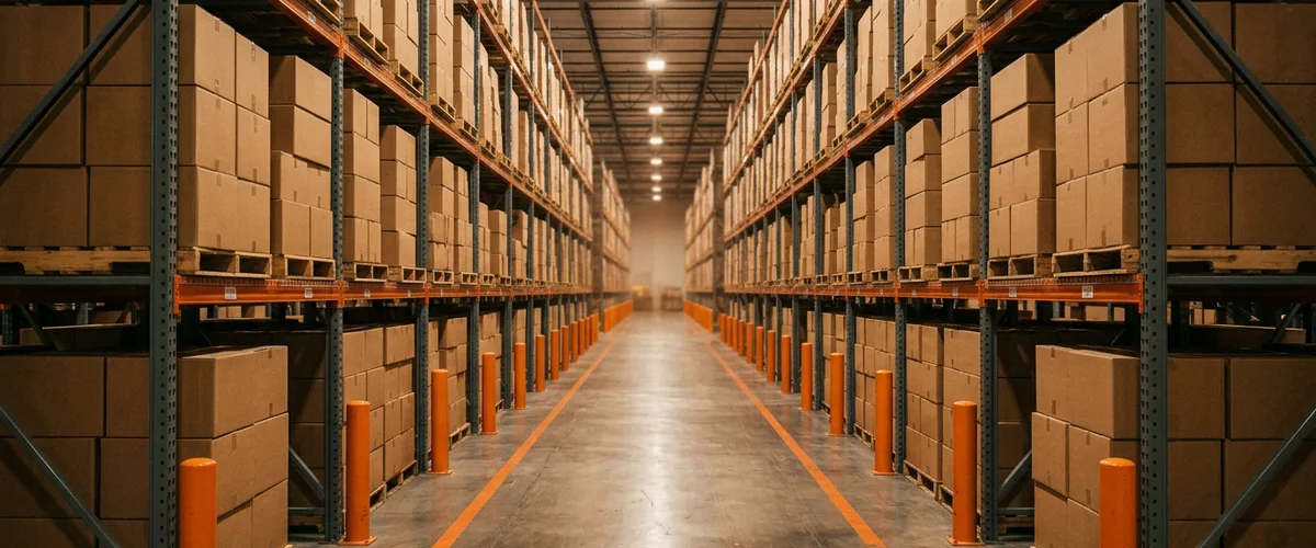 Distribution center racking aisle representing the trading partner network an EDI analyst job description has to describe