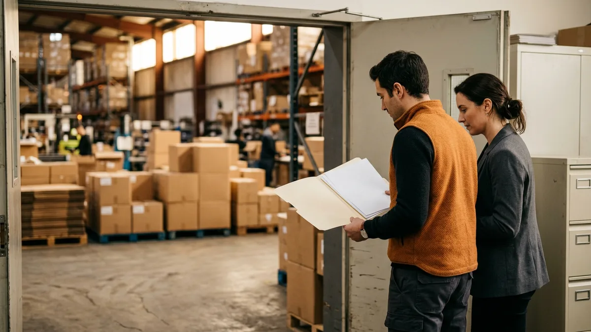 Two supply chain professionals reviewing a printed retailer trading partner specification outside a warehouse
