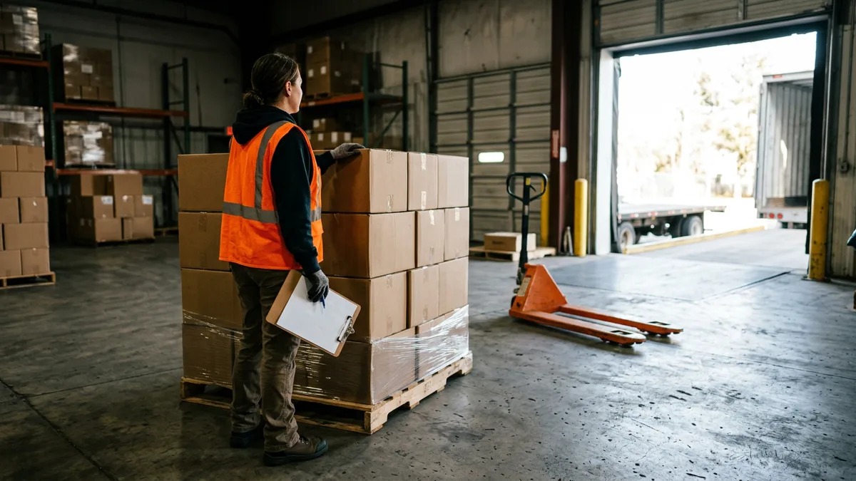 Warehouse receiving associate checking a wrapped pallet against a paper manifest at a loading dock