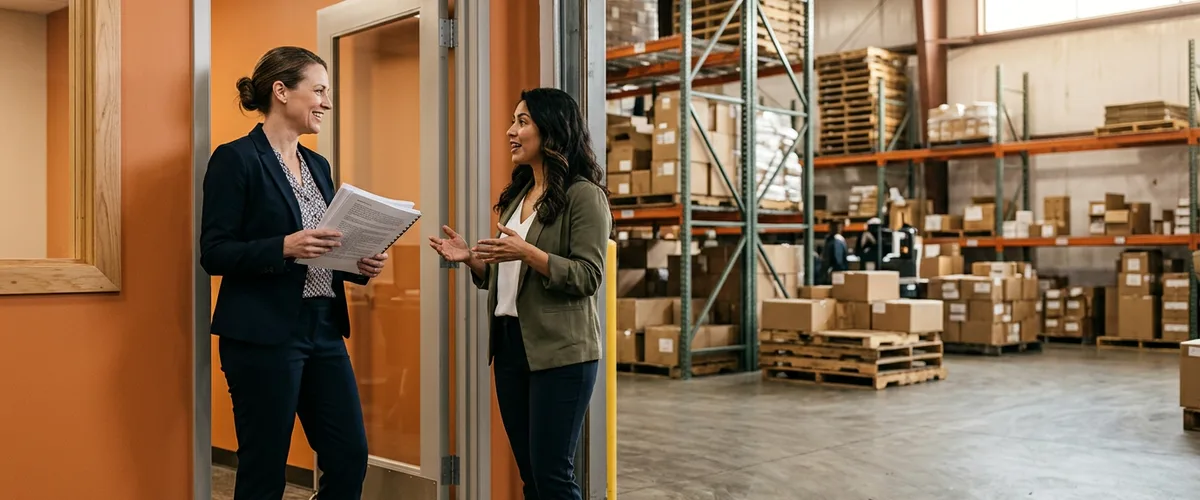 Two supply chain professionals discussing trading partner paperwork in a distribution center office doorway