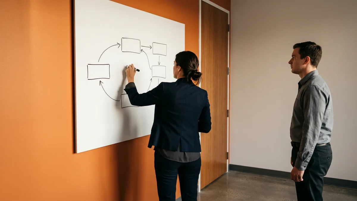 Senior EDI analyst diagramming a trading partner document flow on a whiteboard while a colleague watches