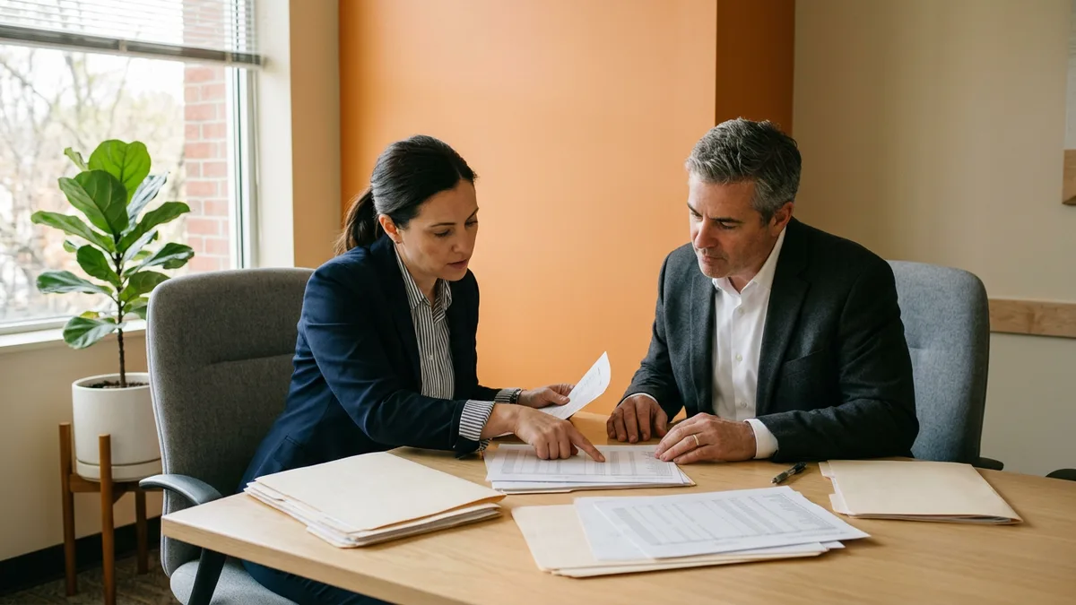 EDI analyst and hiring manager reviewing printed trading partner companion guides across a meeting table