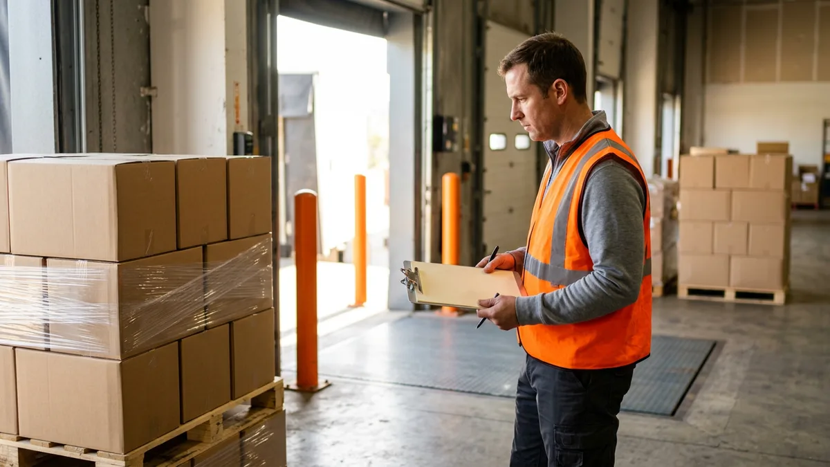 Warehouse supervisor checking outbound pallets against shipping paperwork at a loading dock