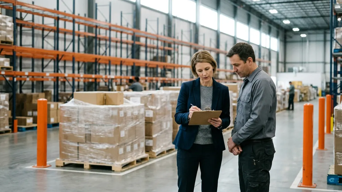 EDI analyst and a warehouse operations manager reviewing a printed shipment manifest beside a pallet staging lane