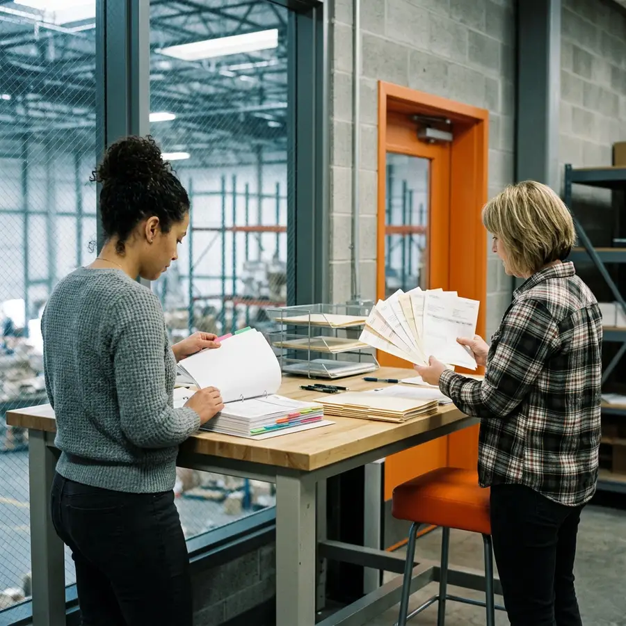 Two supply chain staff comparing a trading partner EDI specification binder against printed packing slips in a shipping office