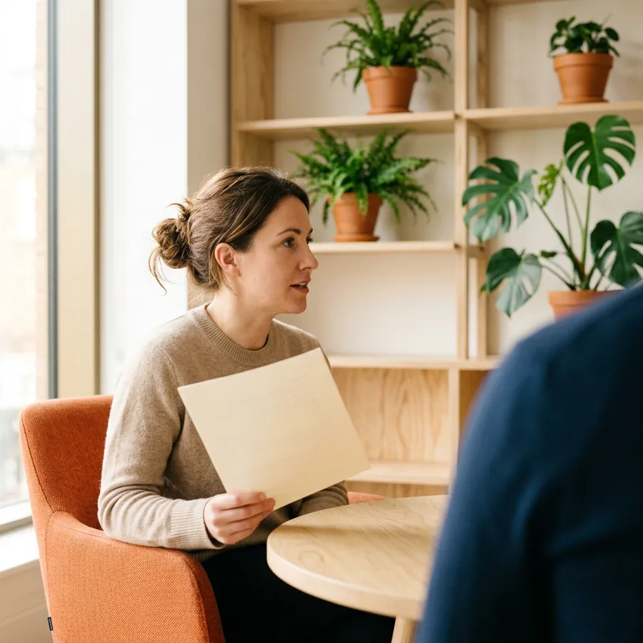 KORE1 recruiter interviewing an EDI analyst candidate with a printed resume in hand