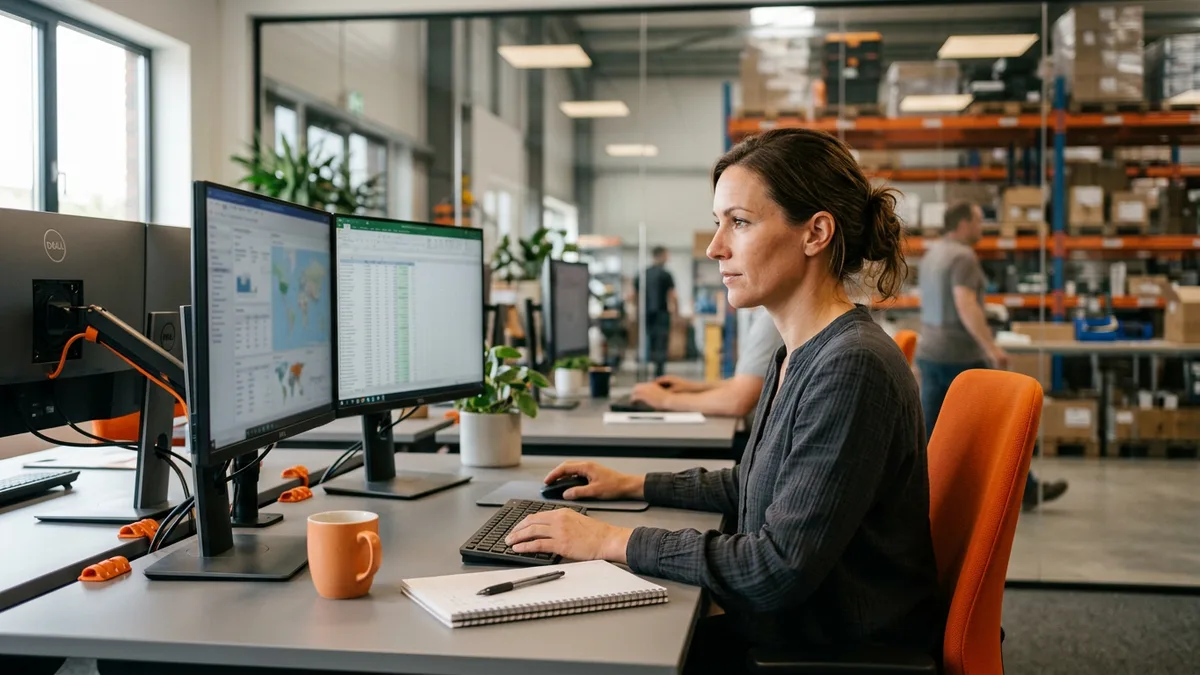 EDI analyst monitoring trading partner transaction volume on dual monitors beside a warehouse