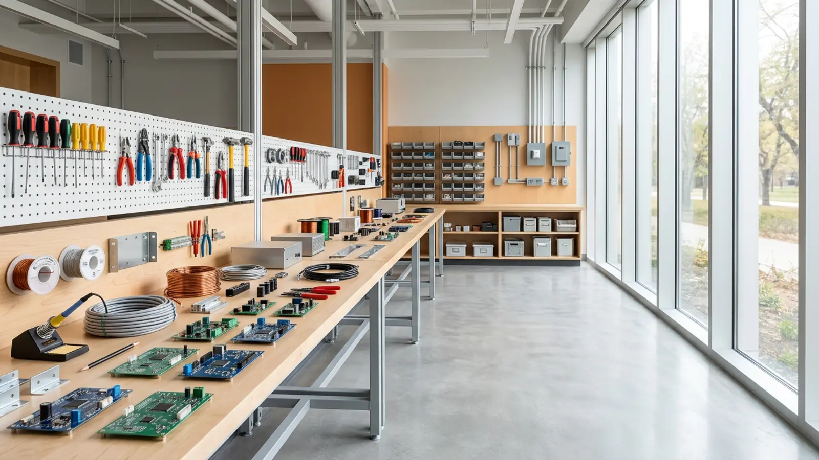 A bright electrical engineering test bench with bare circuit boards, cable assemblies and hand tools