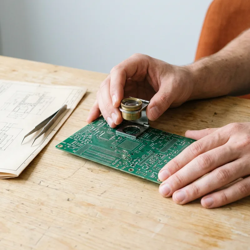 Close inspection of a multilayer printed circuit board beside a paper schematic on an electronics workbench