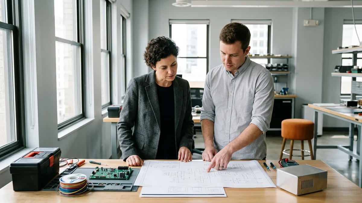 A KORE1 electrical engineer recruiter and a hardware engineer reviewing a printed schematic at a bench