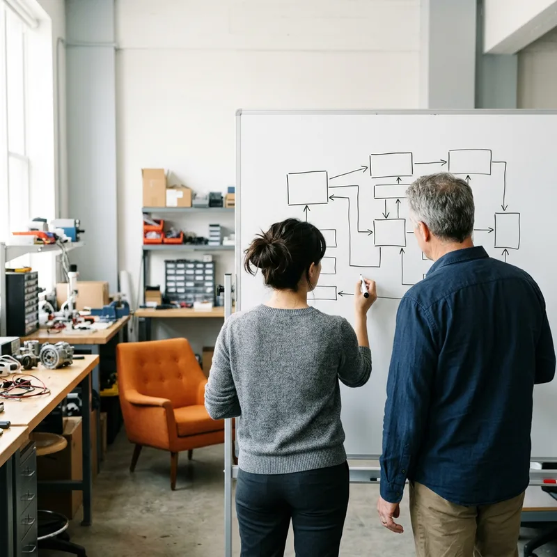 Two engineers discussing a hand-drawn power supply block diagram on a whiteboard in a hardware lab