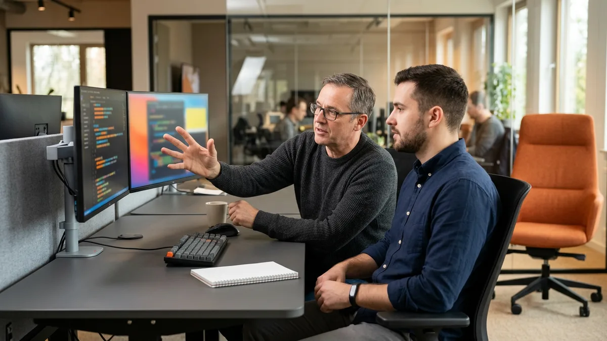 Two engineers working through a firmware code review round on a dual monitor workstation during an embedded software engineer interview