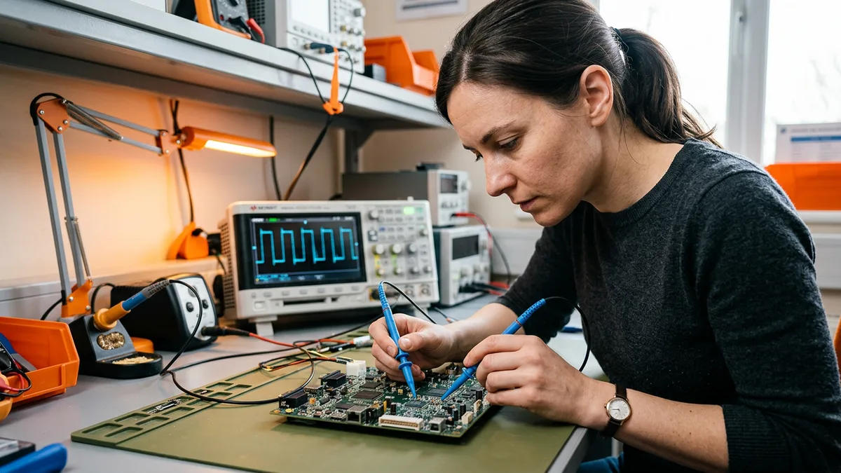 Firmware engineer holding two oscilloscope probes against a printed circuit board with a square wave trace on the oscilloscope screen