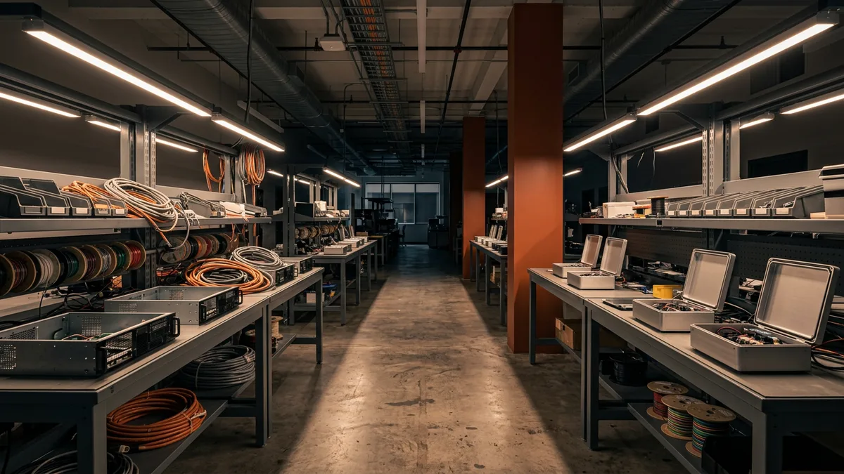 Hardware integration lab bench aisle with open chassis, coiled cabling, and aluminium enclosures where embedded software engineers validate Linux builds and field updates
