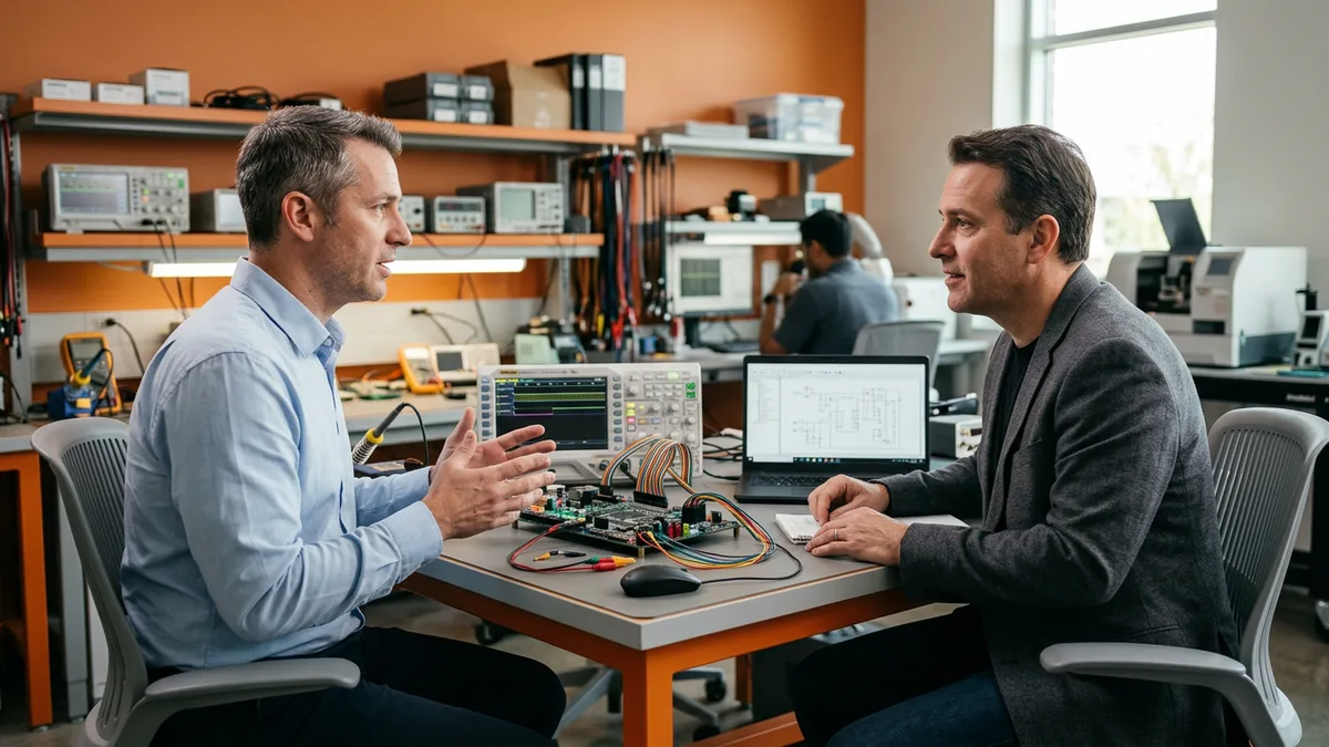 Embedded software engineer interview at a hardware lab bench with a development board, ribbon cables and logic analyzer between candidate and interviewer