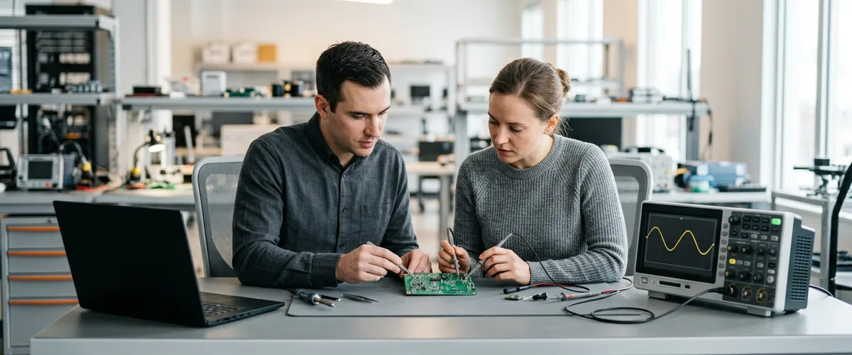 Hiring manager and embedded software engineer candidate reviewing a circuit board at a lab workbench during a 2026 technical interview