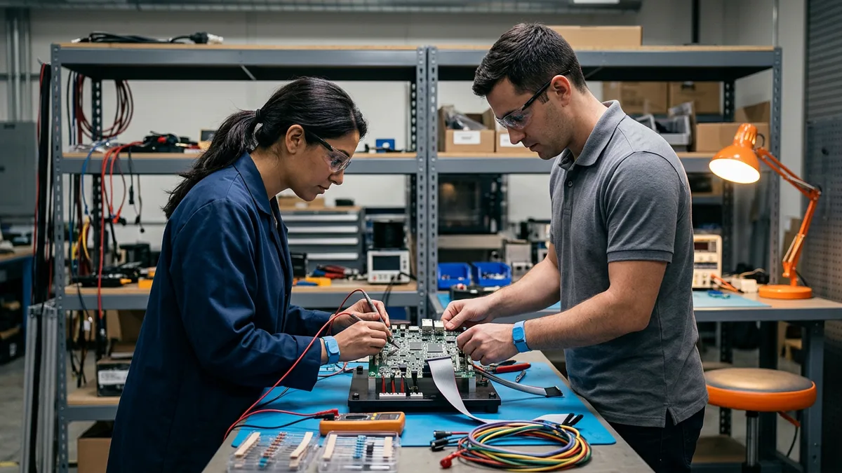Two embedded engineers probing a circuit board with a test probe during board bring-up in a hardware lab