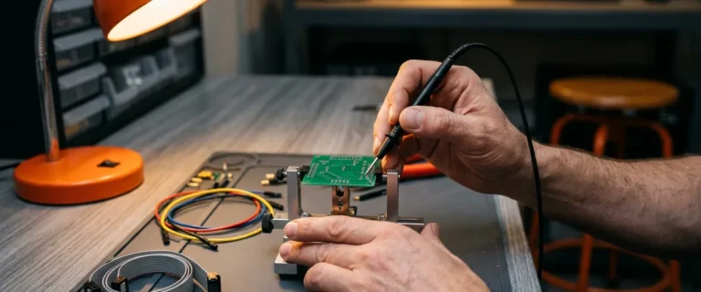 Embedded firmware engineer probing a development board mounted in a test fixture at a hardware lab bench