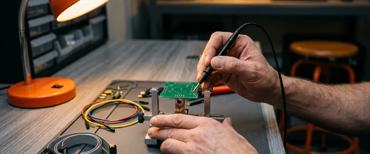 Embedded firmware engineer probing a development board mounted in a test fixture at a hardware lab bench