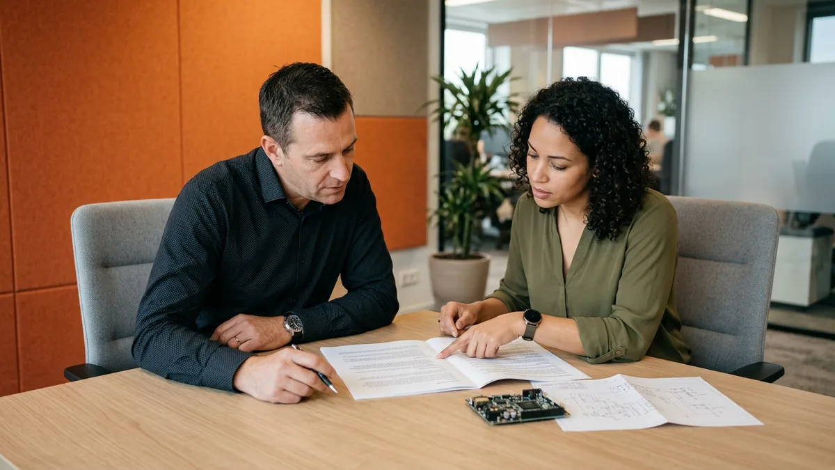 Hiring manager and technical recruiter reviewing a printed embedded software engineer job description at a conference table