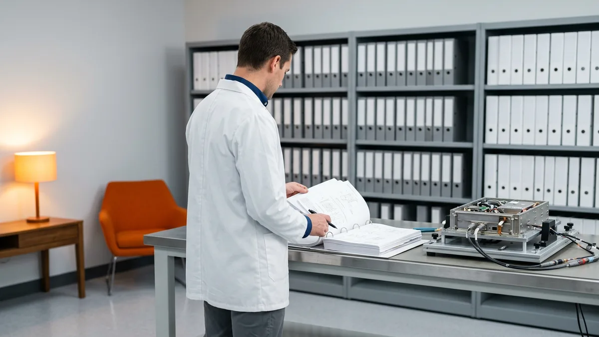 Engineer reviewing printed requirements traceability and verification evidence beside embedded hardware under test in a controlled laboratory