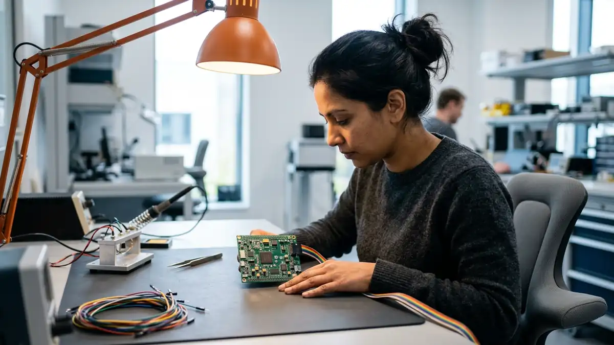 Embedded software engineer at a lab bench with a microcontroller development board tethered by a ribbon cable under an orange task lamp
