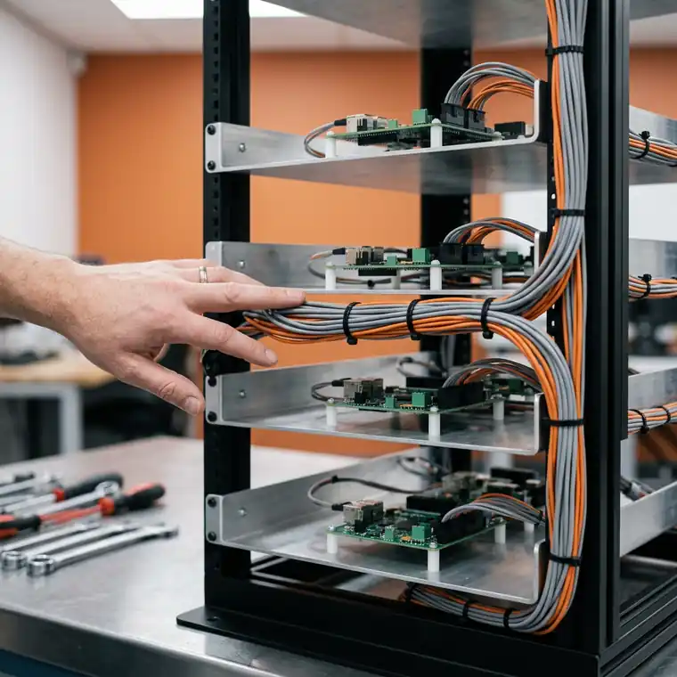 Hardware-in-the-loop test rack holding four circuit boards on standoffs with dressed harness cable down one side