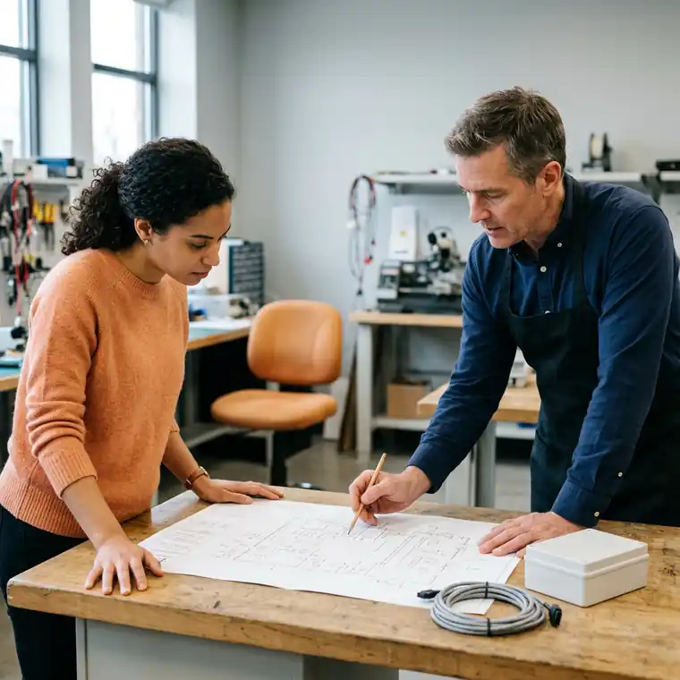 Two engineers reviewing a printed schematic on a lab bench beside a small sealed device enclosure and a coil of harness cable
