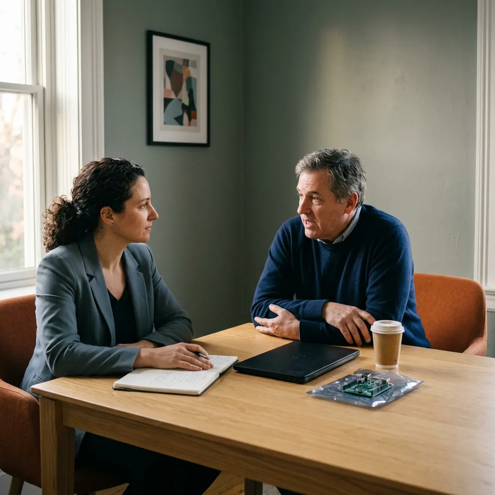 A KORE1 recruiter and a hardware hiring manager reviewing an embedded software role brief across a meeting room table