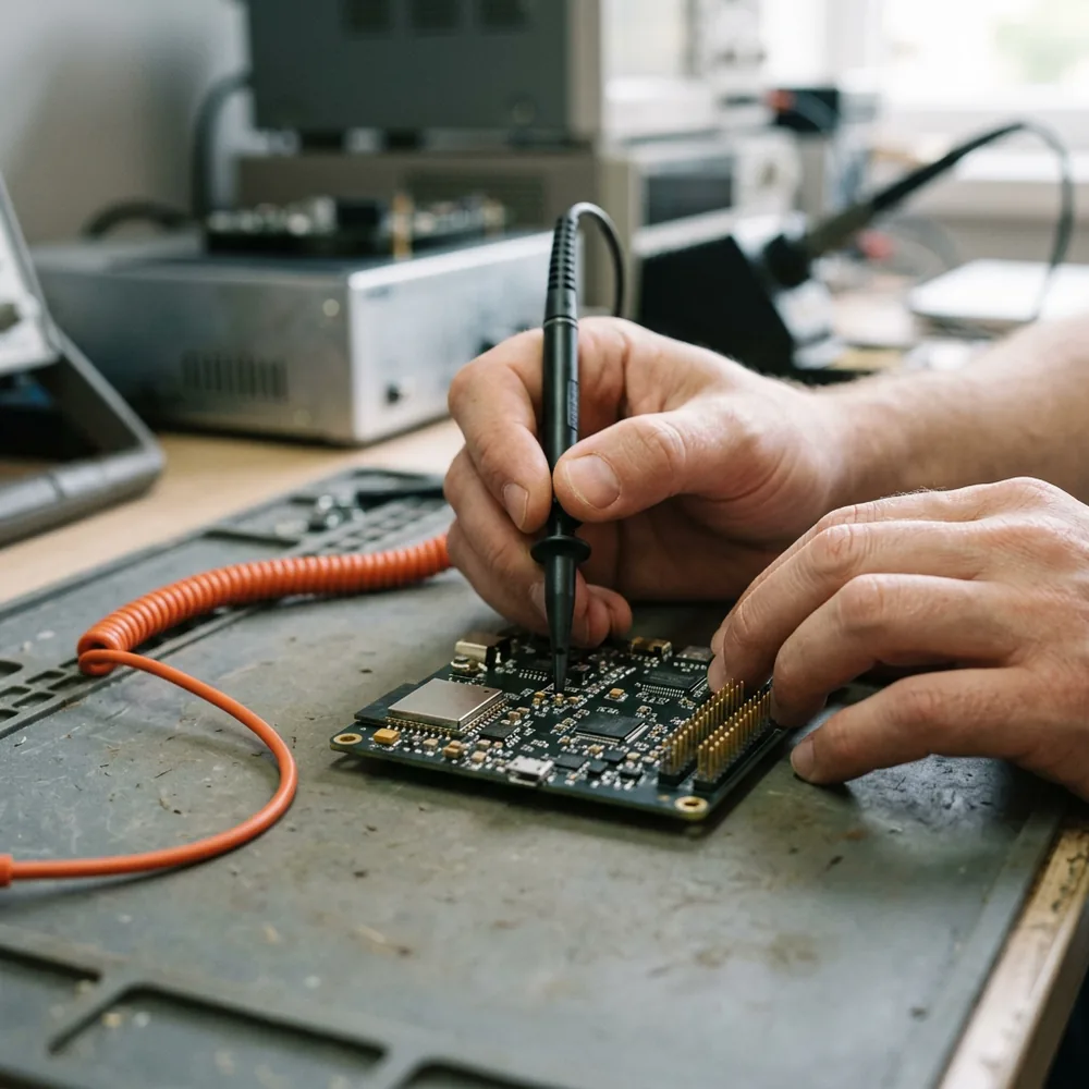 An engineer holding an oscilloscope probe against a test point on a small embedded development board