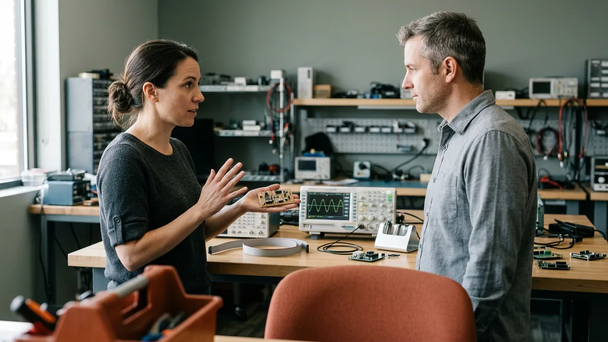 A KORE1 embedded software recruiter and a firmware engineer talking over a lab bench with a development board and an oscilloscope