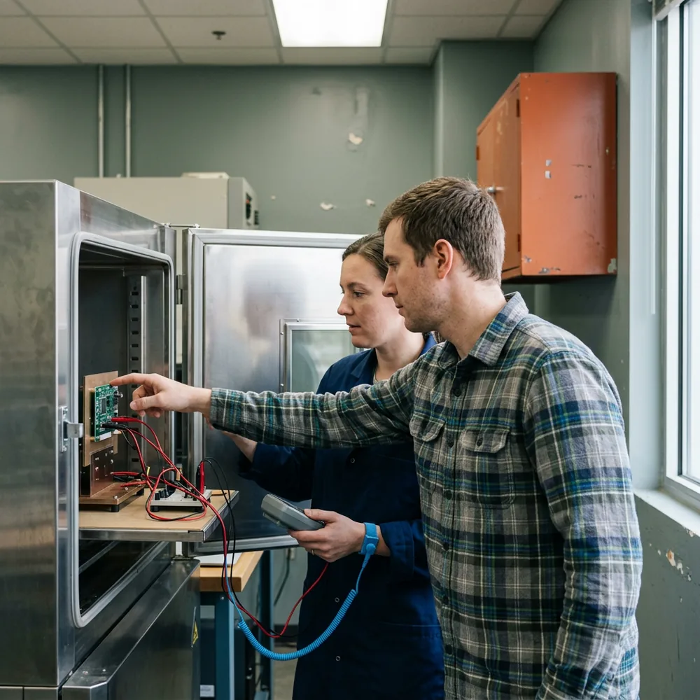 Two engineers in a hardware validation lab beside bench instruments and an environmental test chamber