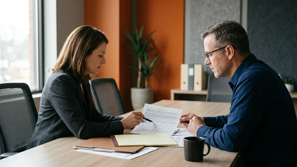 Hiring manager and finance partner reviewing printed embedded engineer salary benchmarks across a conference table