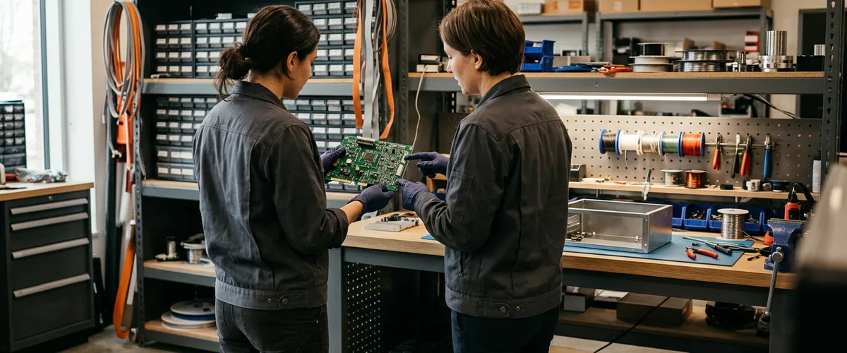 Two embedded systems engineers examining a green printed circuit board together in a hardware lab