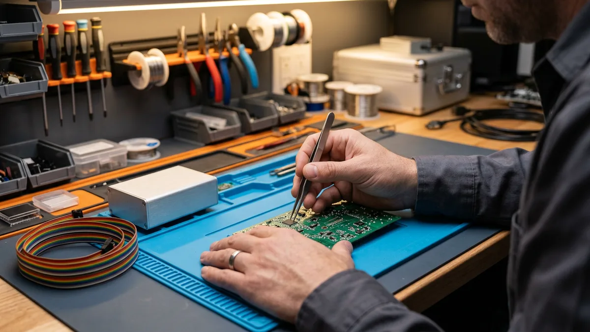Embedded systems engineer placing a component on a printed circuit board with tweezers at an electronics workbench
