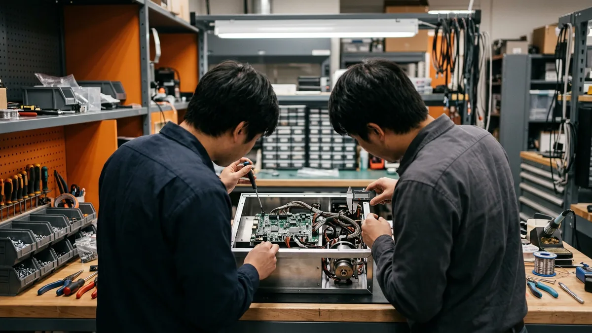 Two embedded engineers inspecting an open hardware prototype chassis with circuit board and wiring harness on a lab bench