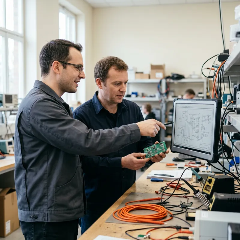 Two engineers at a hardware bench comparing a schematic on a monitor against the physical circuit board in hand