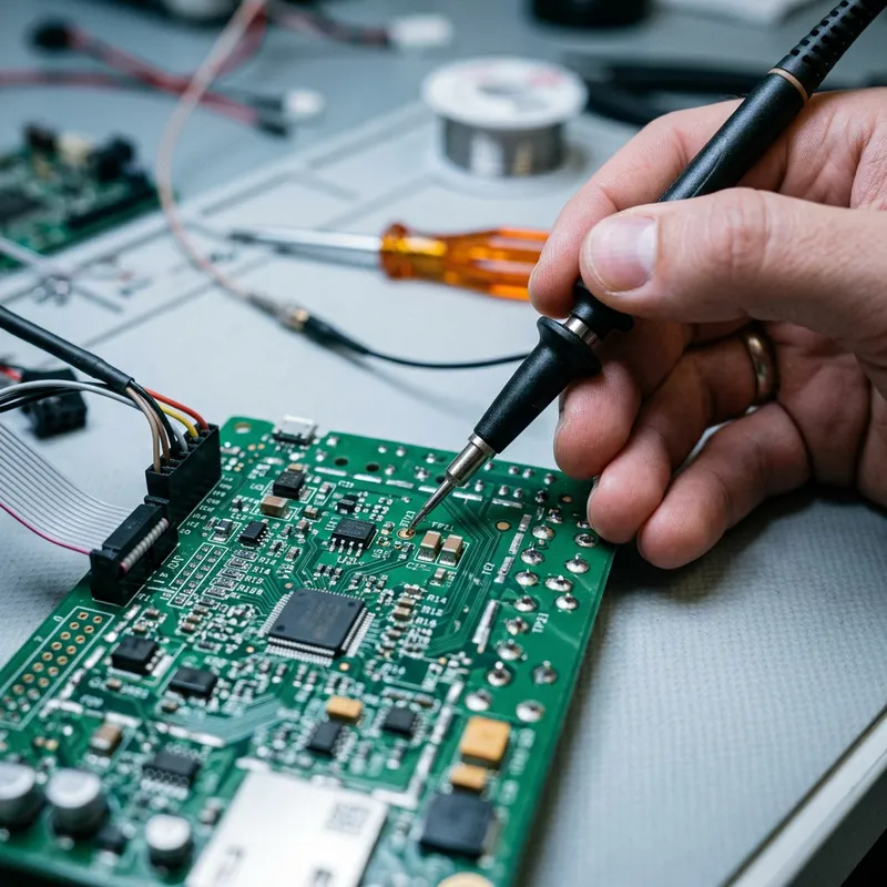 An oscilloscope probe touching a test point on a populated embedded development board during bring-up