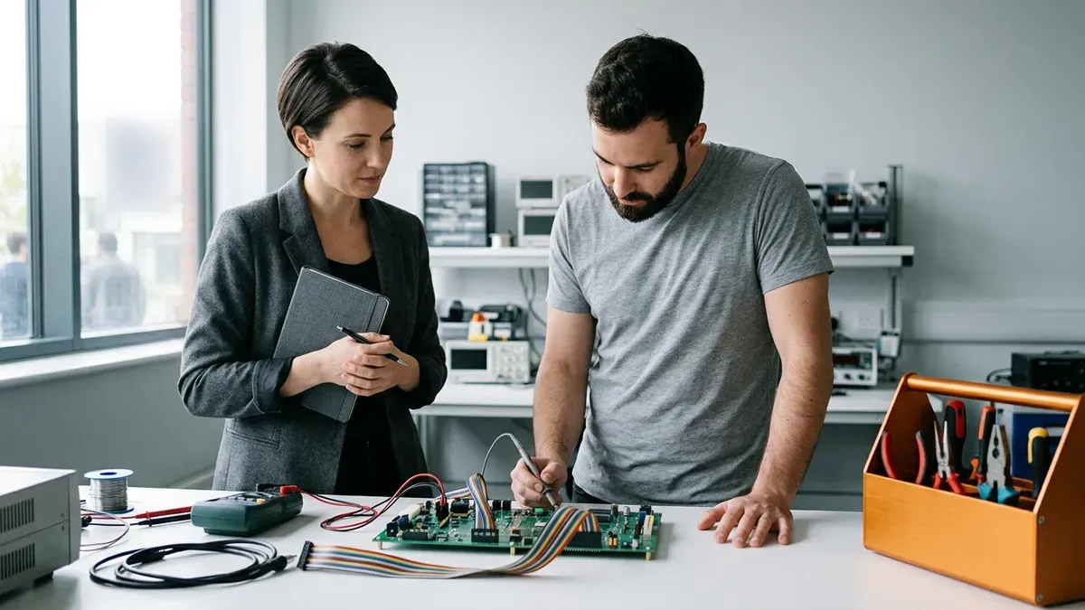 A KORE1 embedded systems recruiter and an engineer reviewing an instrumented development board on a lab bench