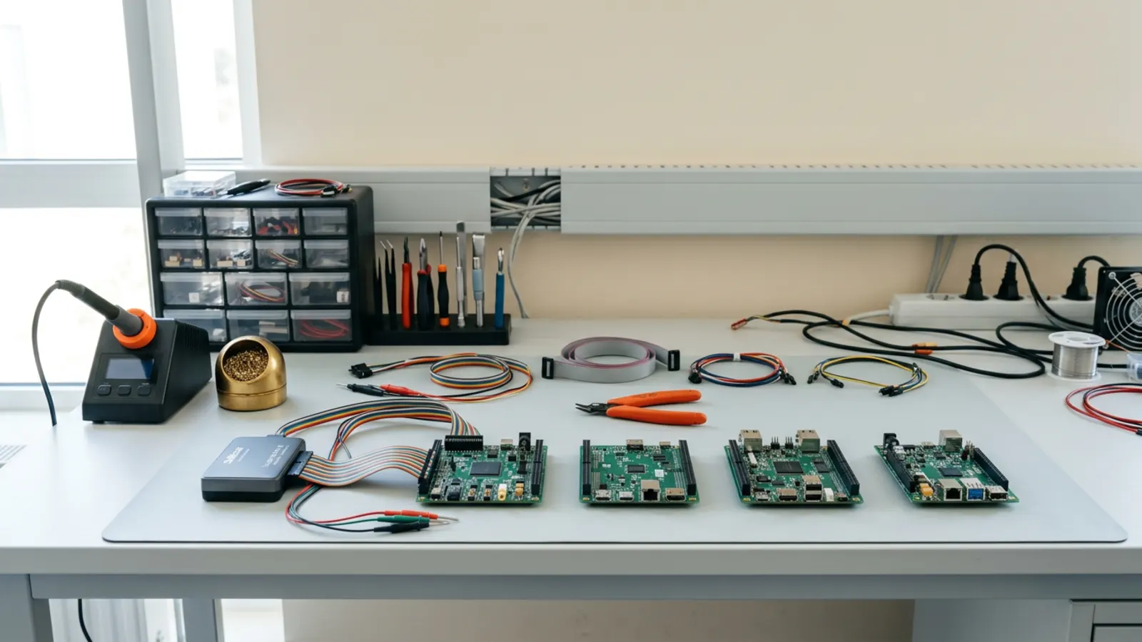 A wide embedded hardware lab bench with development boards, ribbon cables, a logic analyzer and hand tools