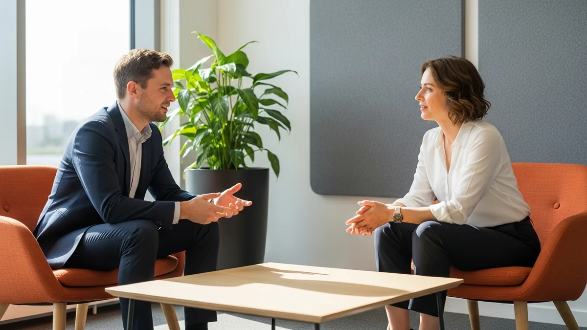 Two coworkers discussing time-off requests handled through an employee self-service leave portal