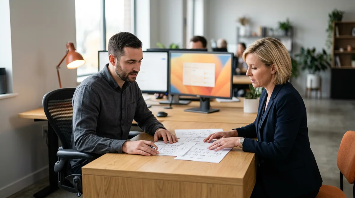 An Encompass integration engineer walking a KORE1 recruiter through printed API flow sketches at a mortgage lender workbench