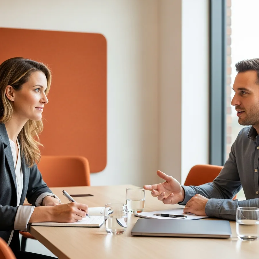 A KORE1 recruiter and an Encompass integration engineer comparing notes across a table during a technical screen