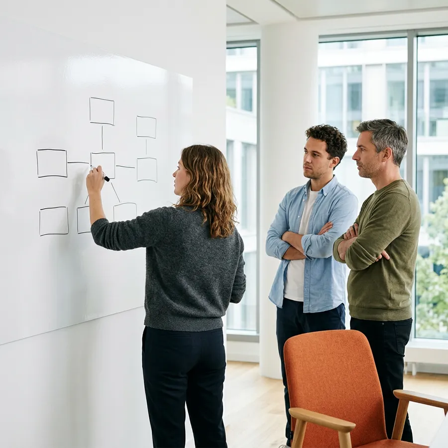 A KORE1 recruiter, an engineering manager and a product lead scoping an LOS integration consultant role at a whiteboard