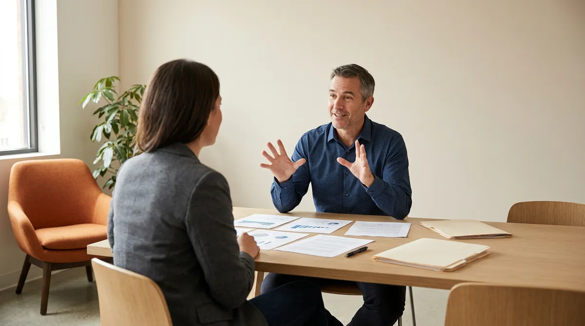 A KORE1 recruiter and a mortgage lending technology director scoping an Encompass integration consultant search across a table of printed files