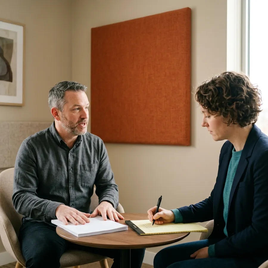 A KORE1 recruiter taking handwritten notes while an Encompass integration consultant explains a past migration during a technical screen