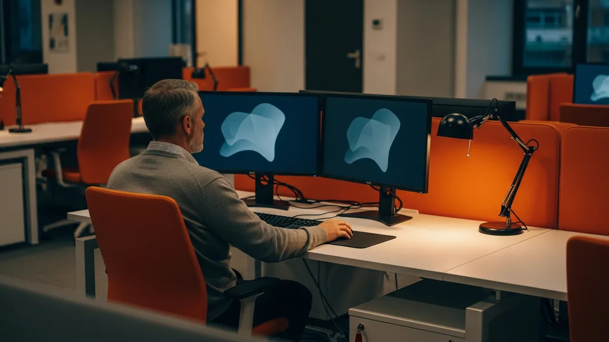 Lone senior engineer working late at a workstation, illustrating single-owner continuity risk on a critical system