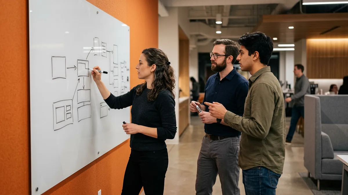 Engineers segmenting change lead time across pipeline handoffs on a whiteboard
