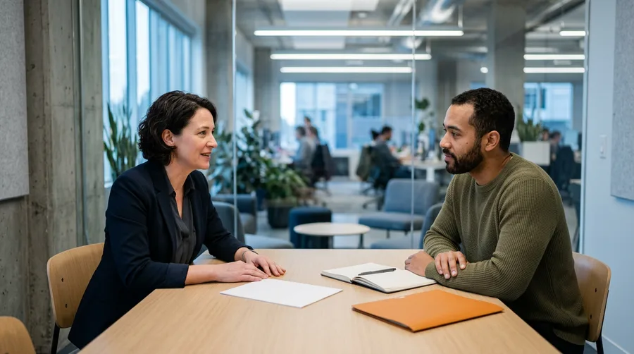 Engineering director holding a coaching conversation with a new engineering manager in a small meeting room