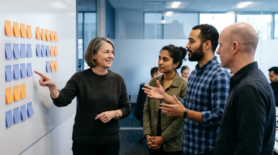 Engineering leader staying technical in an architecture review with three software engineers
